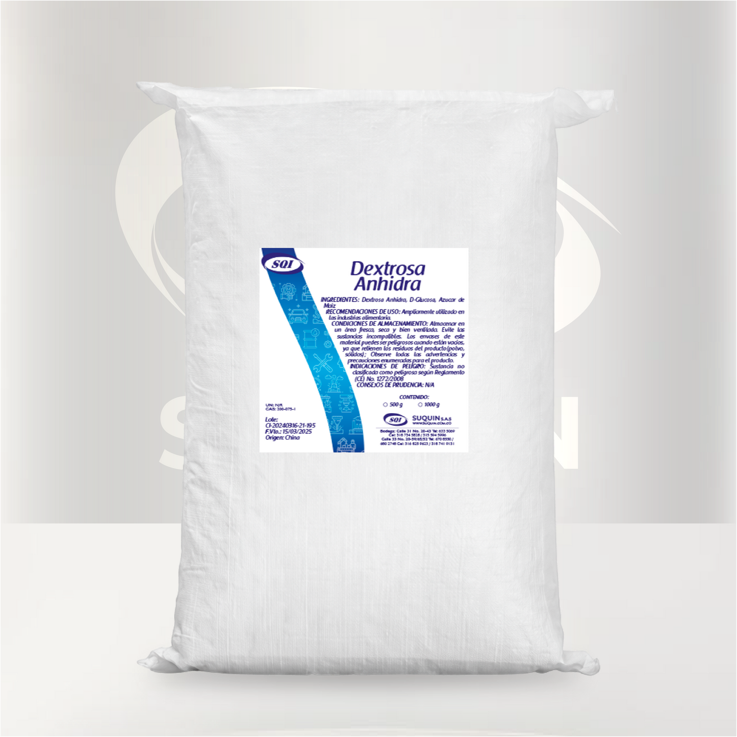 Dextrosa Anhidra USP de grado farmacéutico, utilizada como materia prima en aplicaciones farmacéuticas, alimentarias y de laboratorio.
