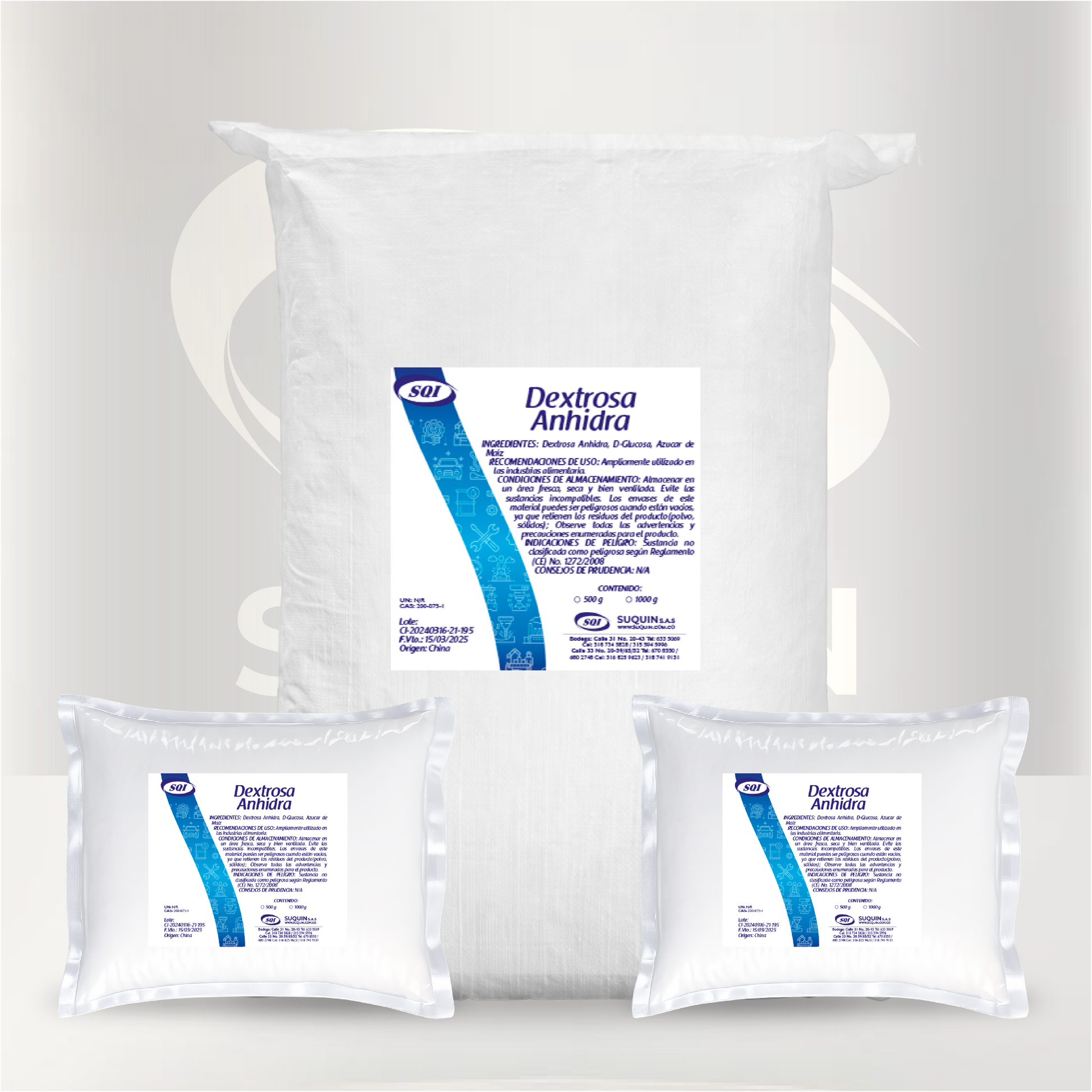 Dextrosa Anhidra USP de grado farmacéutico, utilizada como materia prima en aplicaciones farmacéuticas, alimentarias y de laboratorio.
