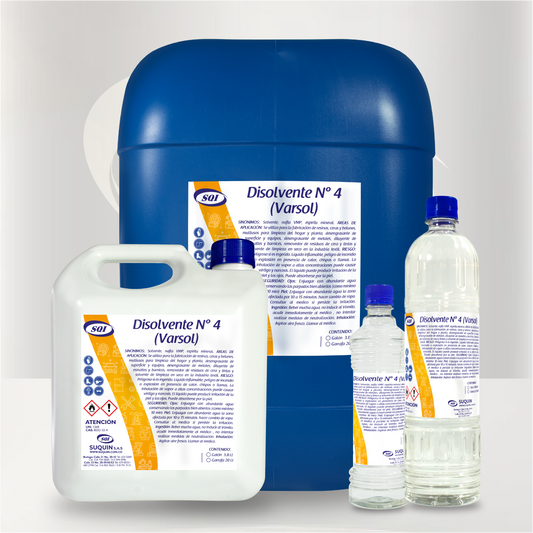 Varsol Disolvente No. 4, solvente industrial para dilución de pinturas, limpieza, desengrase y diversas aplicaciones químicas.
