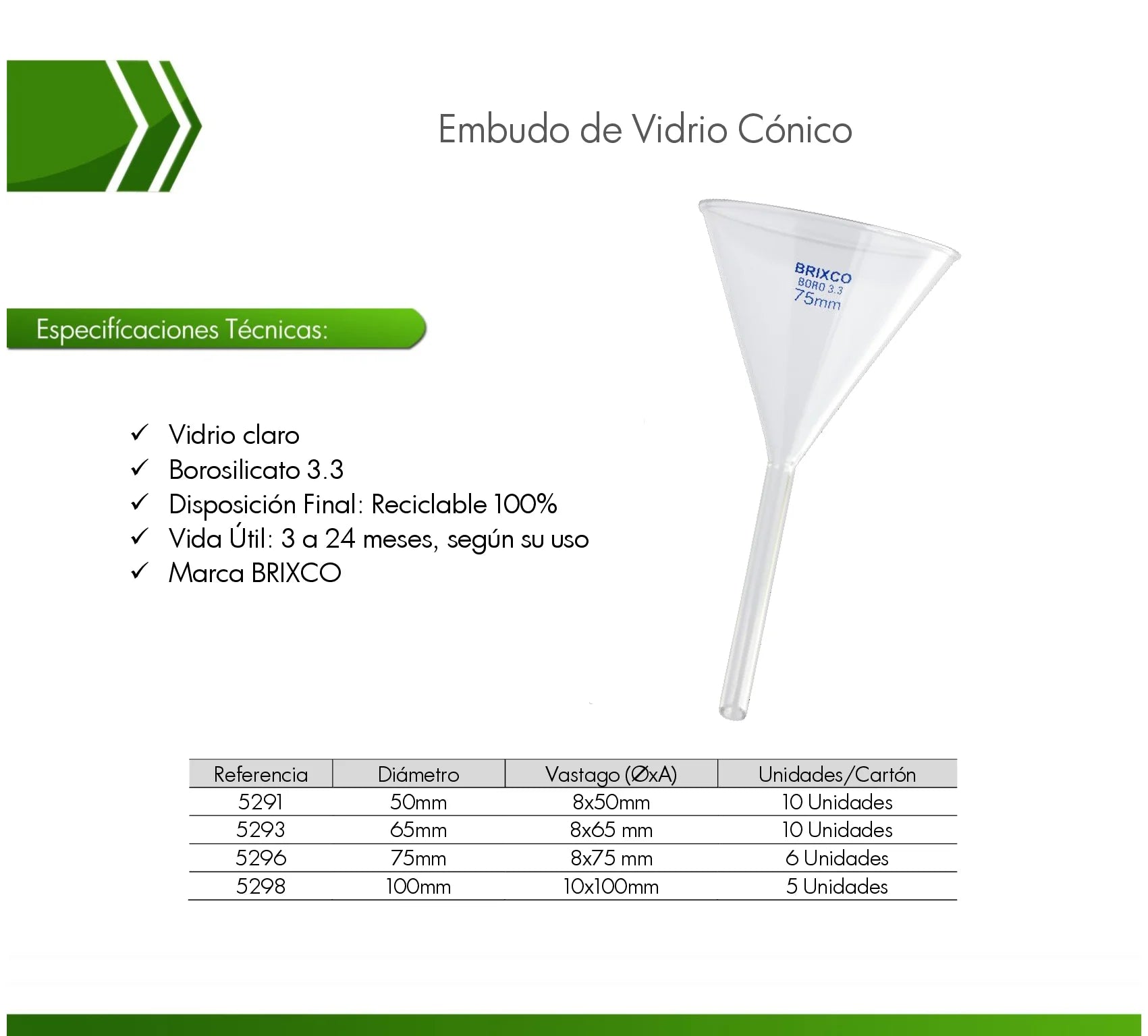 Embudo cónico de laboratorio en vidrio borosilicato 3.3, resistente a altas temperaturas y agentes químicos. Ideal para trasvase, filtración y separación de líquidos con papel filtro.