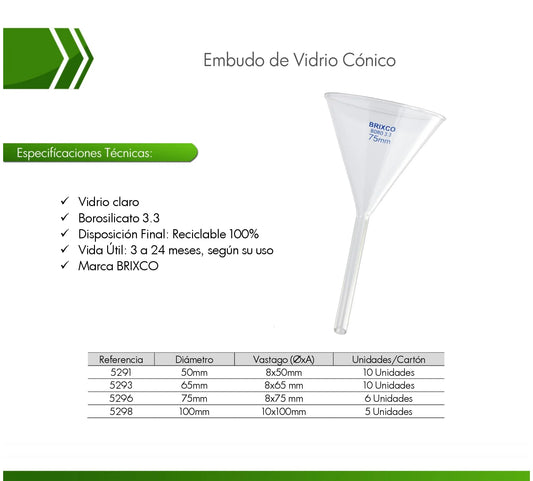 Embudo cónico de laboratorio en vidrio borosilicato 3.3, resistente a altas temperaturas y agentes químicos. Ideal para trasvase, filtración y separación de líquidos con papel filtro.