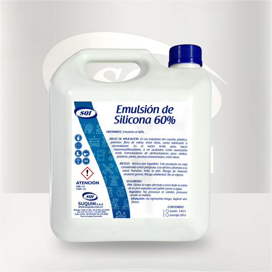 Emulsión de Silicona 60%, materia prima para formulaciones industriales con propiedades lubricantes, protectoras y abrillantadoras.

