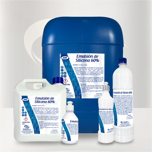 Emulsión de Silicona 60%, materia prima para formulaciones industriales con propiedades lubricantes, protectoras y abrillantadoras.
