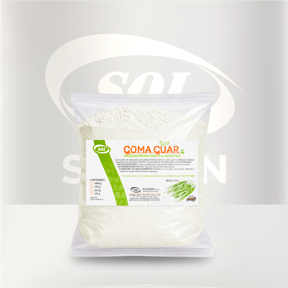 Goma Guar CAS 9000-30-0, espesante y estabilizante de origen vegetal para aplicaciones alimentarias, cosméticas e industriales.
