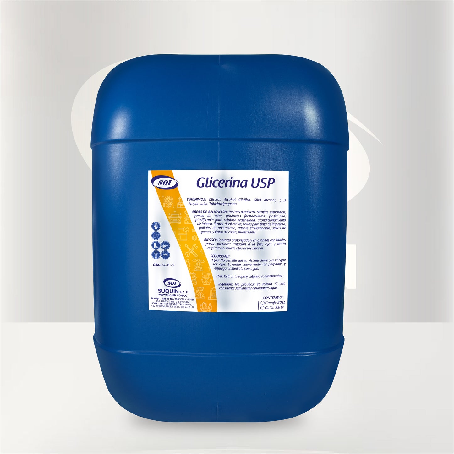 Glicerina USP de grado farmacéutico, materia prima humectante y emoliente para aplicaciones cosméticas, farmacéuticas y alimentarias.
