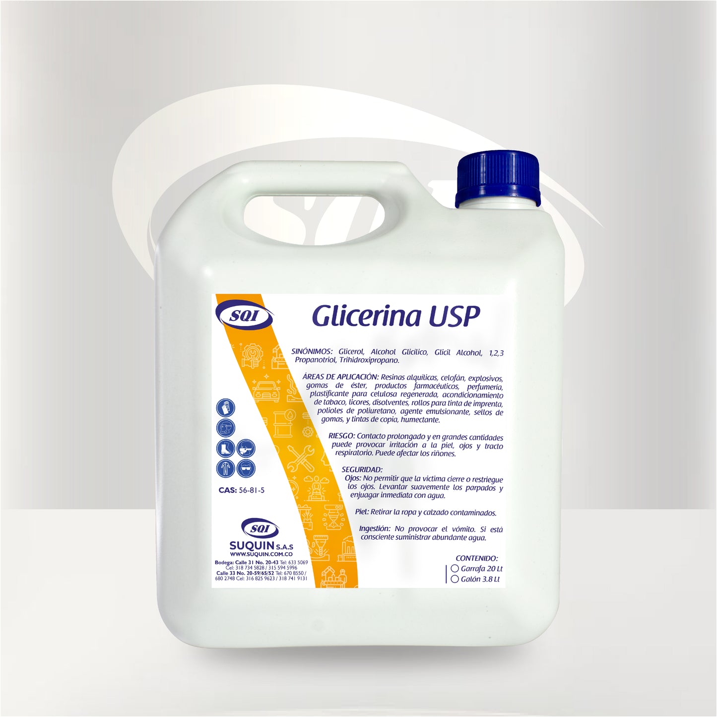 Glicerina USP de grado farmacéutico, materia prima humectante y emoliente para aplicaciones cosméticas, farmacéuticas y alimentarias.
