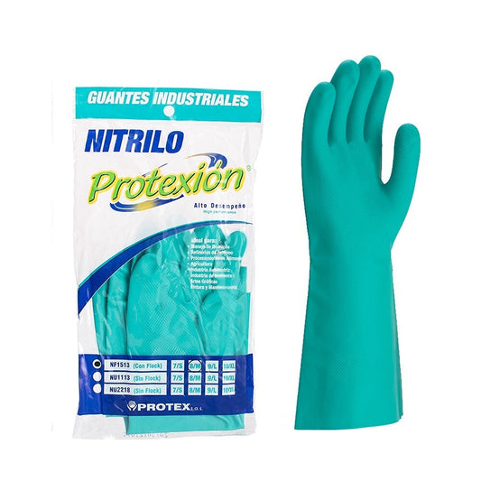 Guante de nitrilo corto con flock reutilizable para protección química, laboratorio, limpieza e industria.

