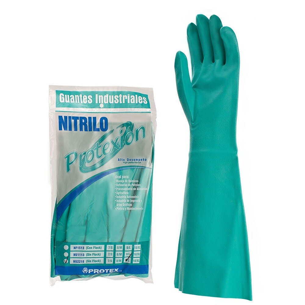 Guante de nitrilo largo sin flock reutilizable para protección química, laboratorio, limpieza e industria.
