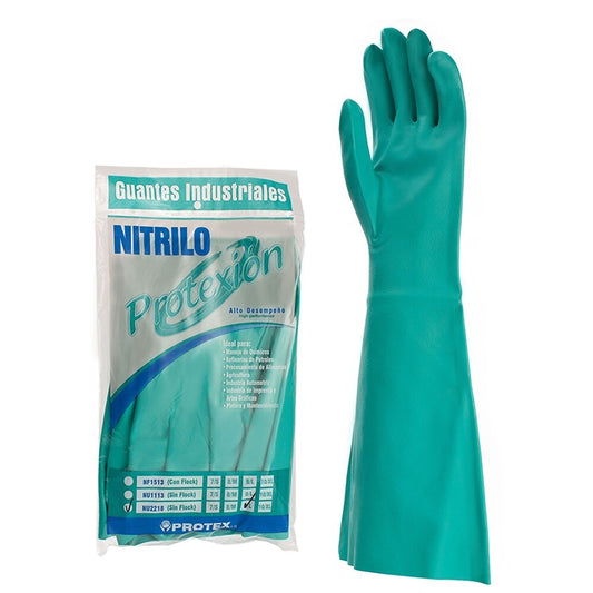 Guante de nitrilo largo sin flock reutilizable para protección química, laboratorio, limpieza e industria.
