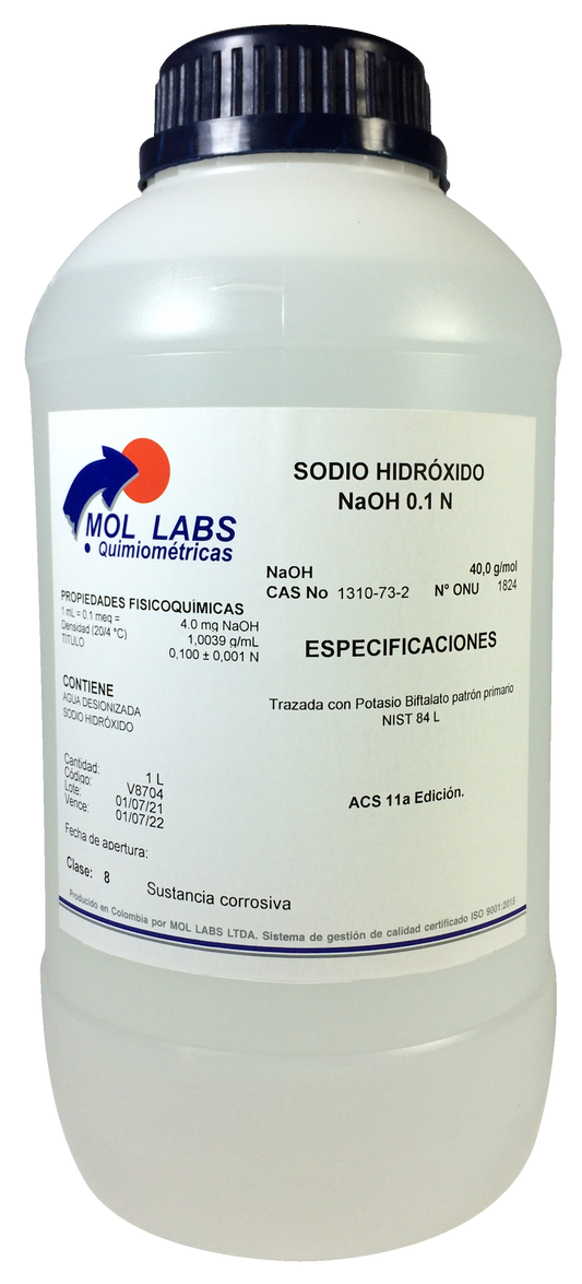 Hidróxido de sodio 0.1 mol/L MOL LABS CAS 1310-73-2 reactivo para titulaciones y análisis de laboratorio.
