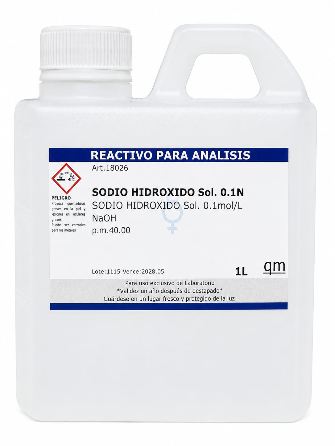Hidróxido de sodio 0.1 mol/L CAS 1310-73-2 reactivo para titulaciones y análisis de laboratorio.
