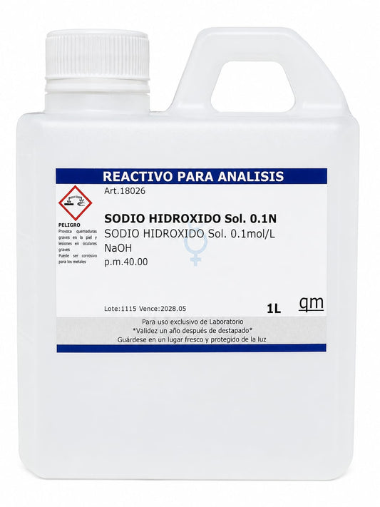 Hidróxido de sodio 0.1 mol/L CAS 1310-73-2 reactivo para titulaciones y análisis de laboratorio.
