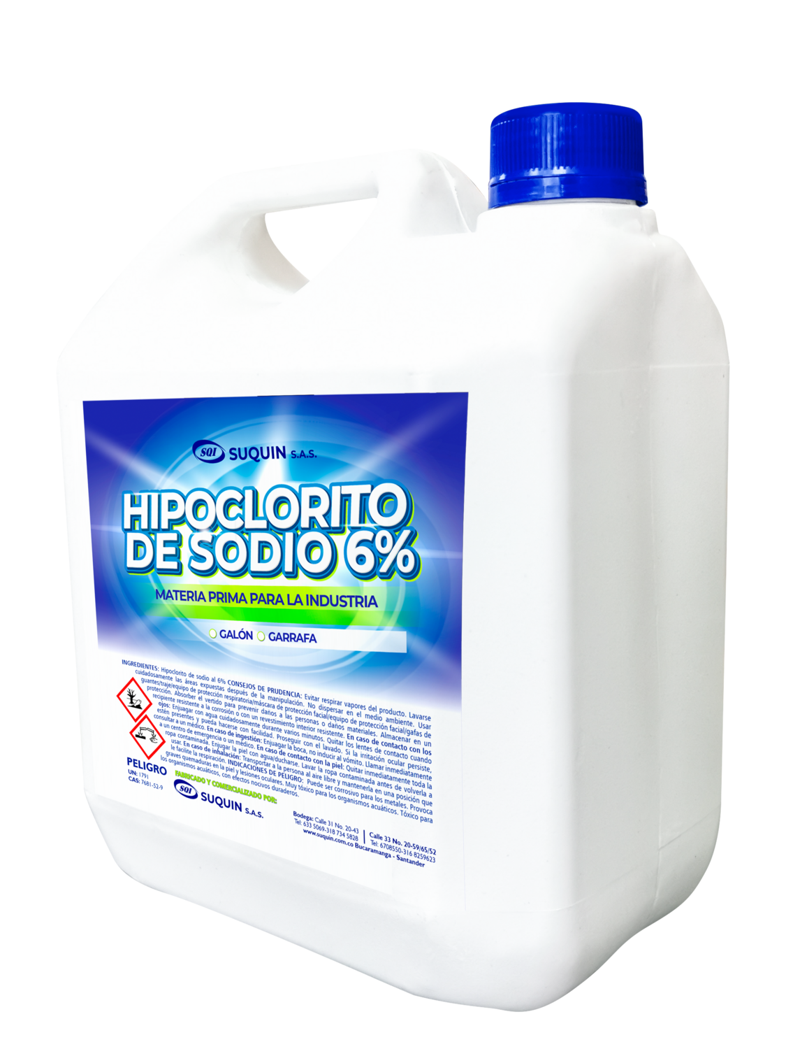 Hipoclorito de sodio 6% CAS 7681-52-9 desinfectante para limpieza, tratamiento de agua y desinfección de superficies.
