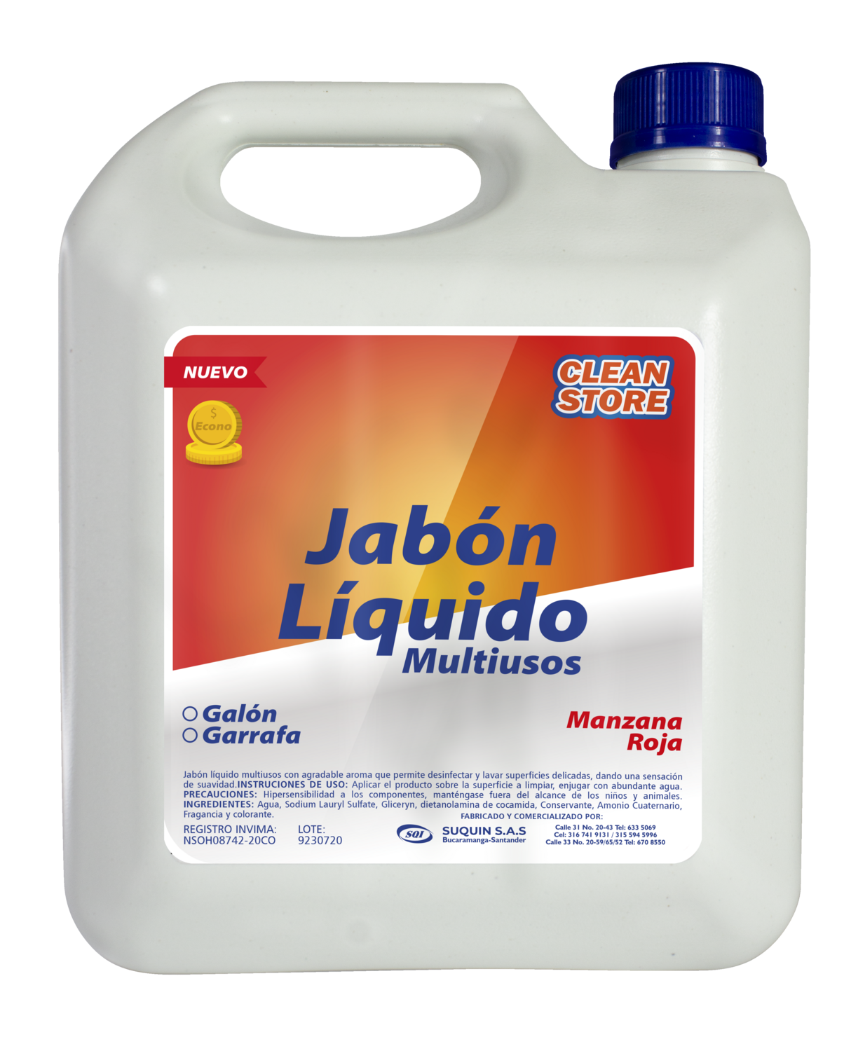 Jabón líquido multiusos Línea Econo para la limpieza de superficies en hogares, oficinas y comercios.