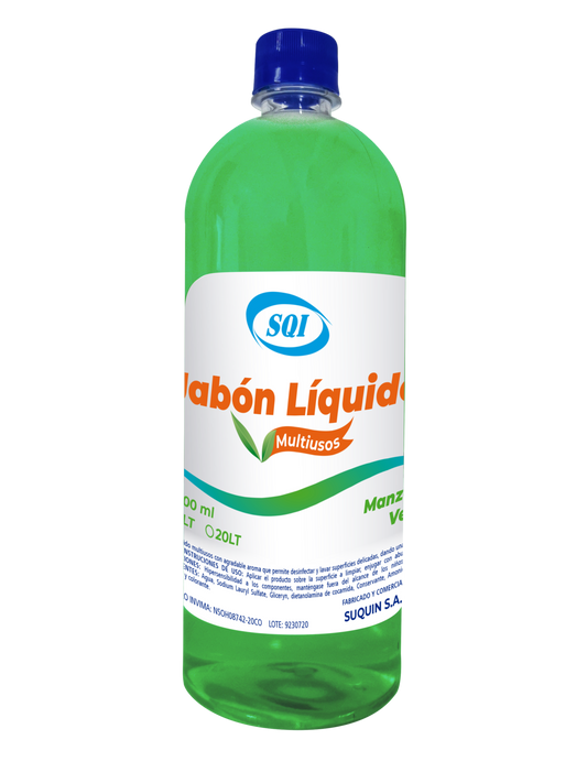 Jabón líquido multiusos para limpiar y desengrasar superficies en hogares, oficinas y comercios.
