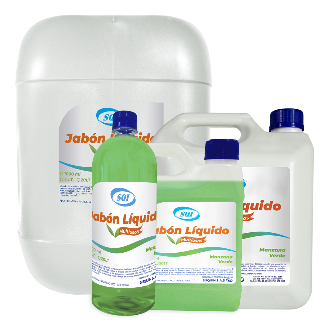 Jabón líquido multiusos para limpiar y desengrasar superficies en hogares, oficinas y comercios.
