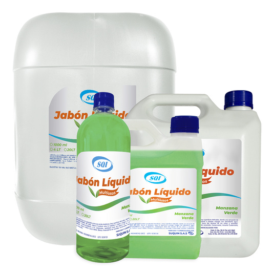 Jabón líquido multiusos para limpiar y desengrasar superficies en hogares, oficinas y comercios.
