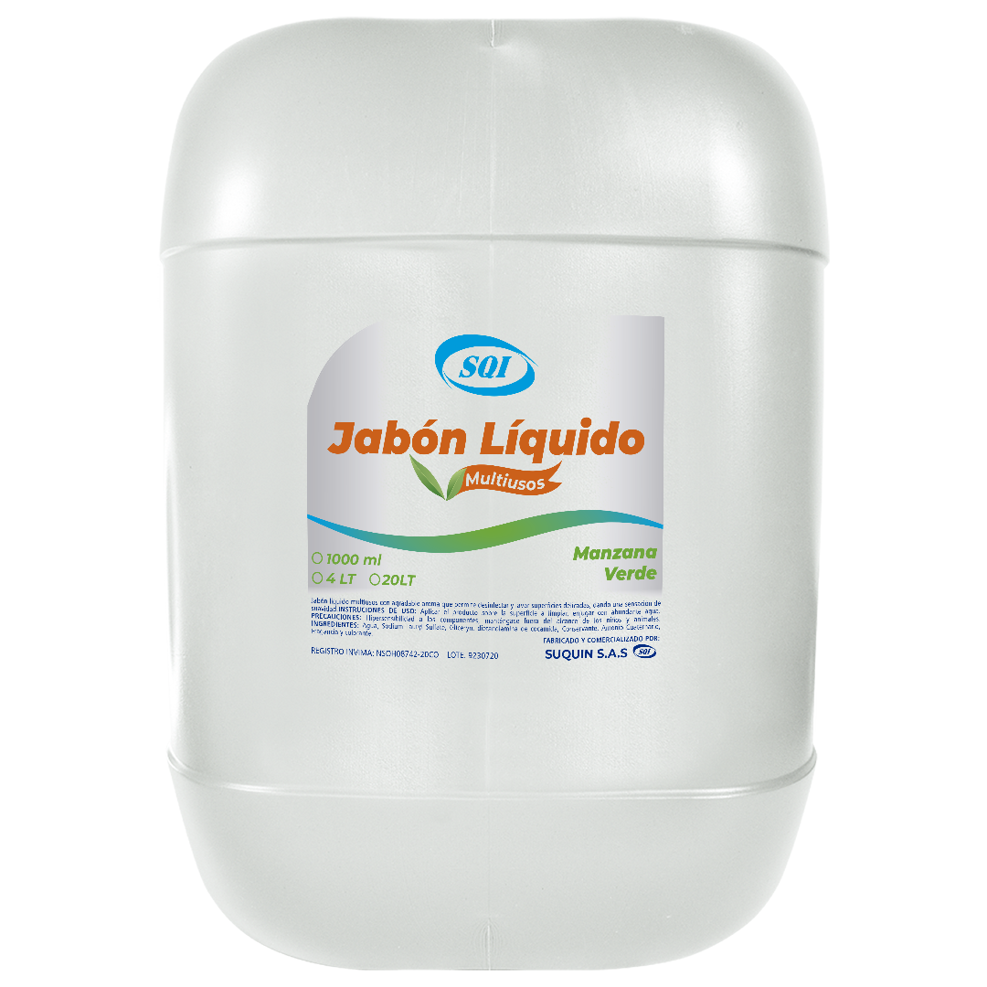 Jabón líquido multiusos para limpiar y desengrasar superficies en hogares, oficinas y comercios.