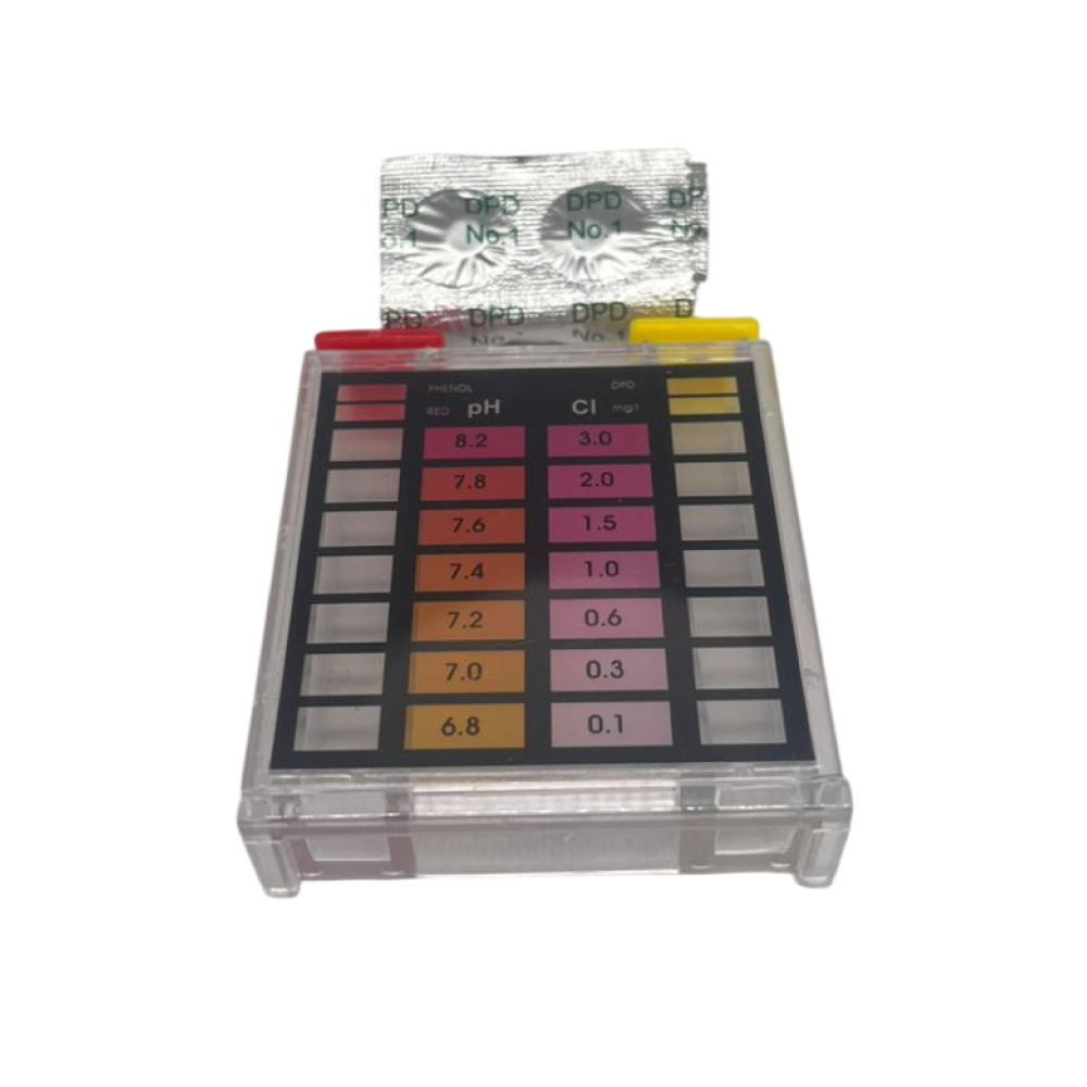 Kit comparador de prueba DPD con pastillas para análisis de cloro y control de calidad del agua.
