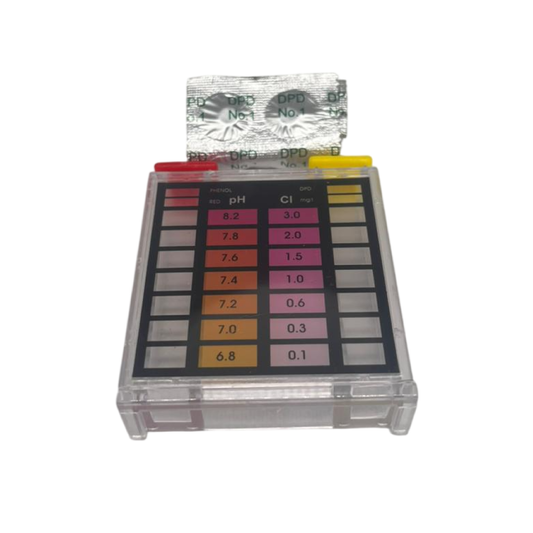 Kit comparador de prueba DPD con pastillas para análisis de cloro y control de calidad del agua.
