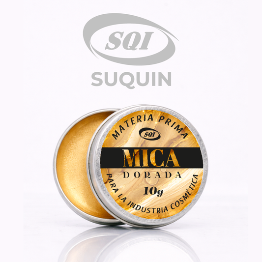 Mica dorada pigmento mineral nacarado CAS 12001-26-2 para cosméticos, jabones, velas, resinas y manualidades.
