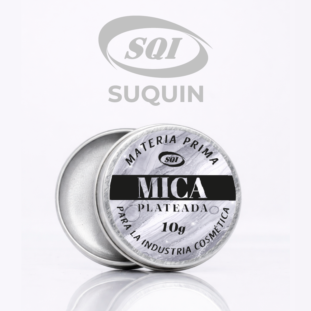 Mica plateada pigmento mineral nacarado CAS 12001-26-2 para cosméticos, jabones, velas, resinas y manualidades.
