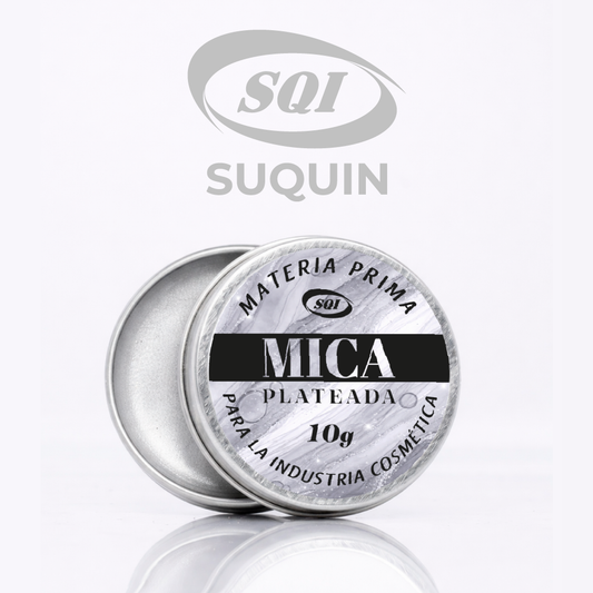 Mica plateada pigmento mineral nacarado CAS 12001-26-2 para cosméticos, jabones, velas, resinas y manualidades.
