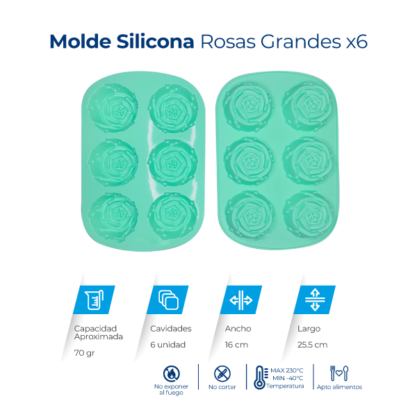 Molde de silicona con 6 cavidades de rosas grandes para velas, jabones, chocolates, resina y manualidades.