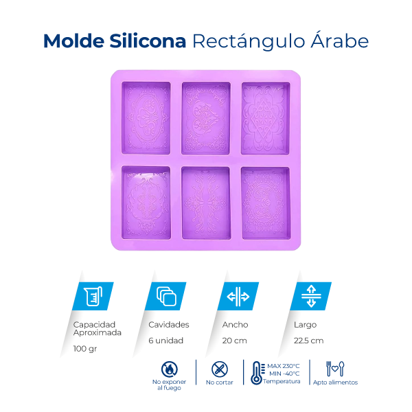 Molde de silicona rectangular árabe con 6 cavidades para jabones, velas, chocolates, resina y manualidades.
