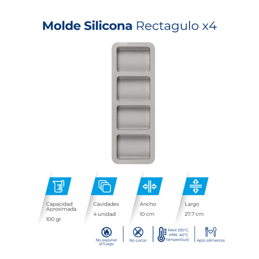 Molde de silicona con 4 cavidades rectangulares para jabones, velas, chocolates, resina y manualidades.