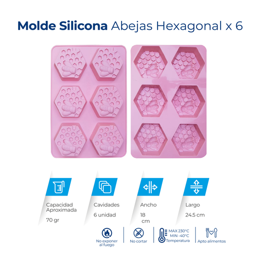 Molde de silicona hexagonal con 6 cavidades para jabones, velas, chocolates, resina y manualidades.
