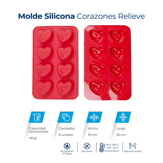Molde de silicona con 8 cavidades de corazón en relieve para jabones, velas, chocolates, resina y manualidades.