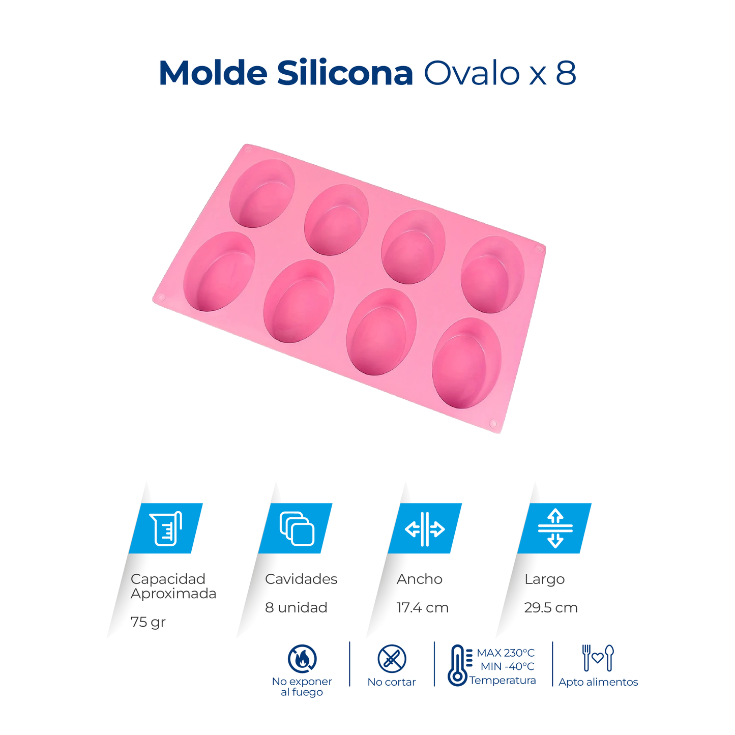 Molde de silicona ovalado con 8 cavidades para jabones, velas, chocolates, resina y manualidades.
