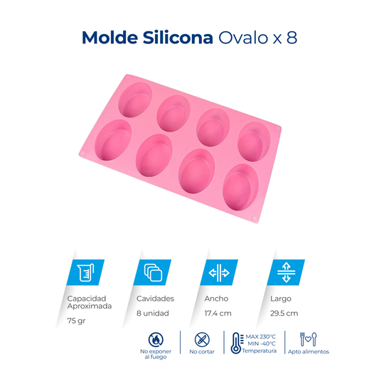 Molde de silicona ovalado con 8 cavidades para jabones, velas, chocolates, resina y manualidades.
