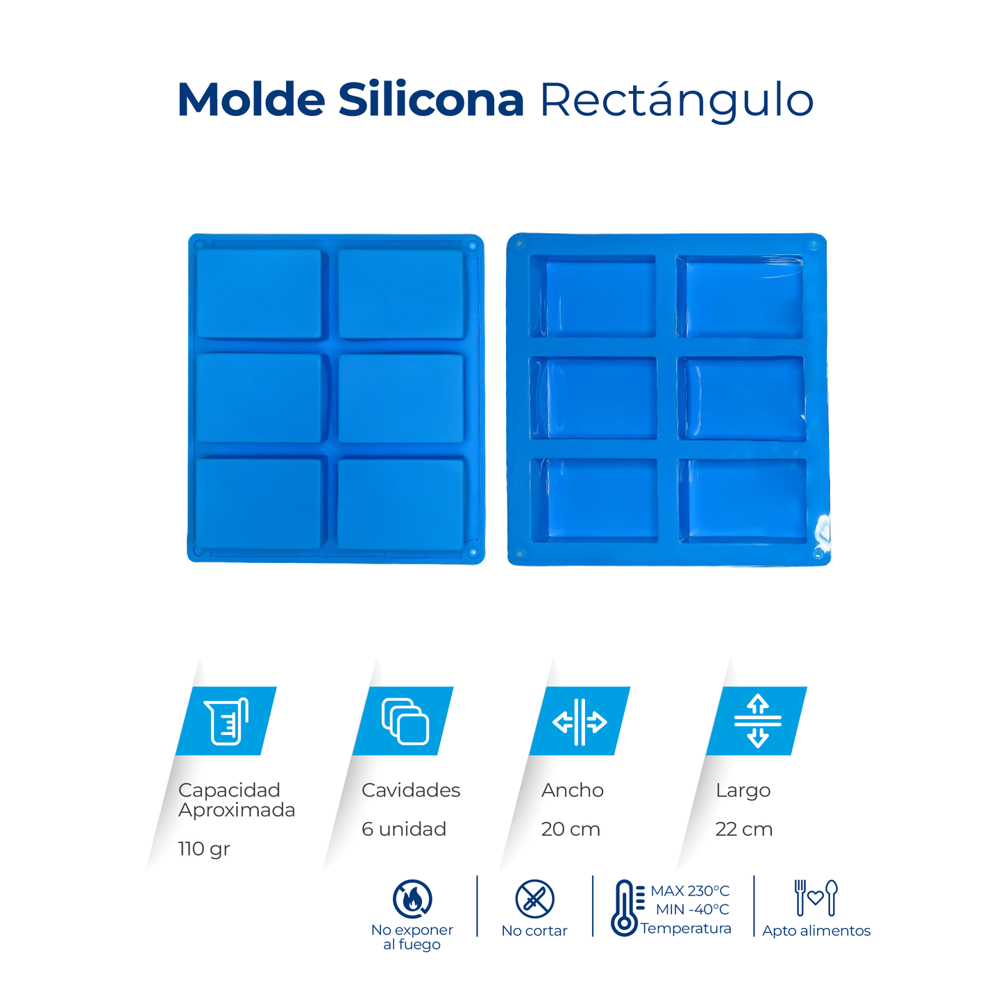 Molde de silicona con 6 cavidades rectangulares para jabones, velas, chocolates, resina y manualidades.

