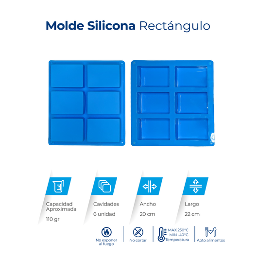 Molde de silicona con 6 cavidades rectangulares para jabones, velas, chocolates, resina y manualidades.

