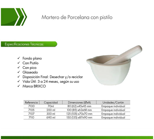 Mortero de porcelana con pistilo de 70 mL para triturar, pulverizar y mezclar sustancias en laboratorio.
