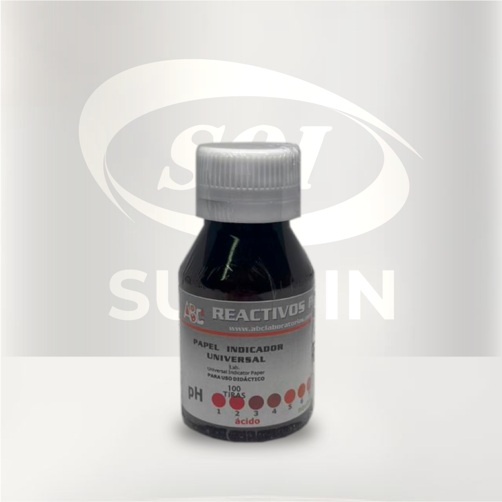 Papel indicador universal de pH 1-14 frasco por 100 tiras para análisis de acidez y alcalinidad en laboratorio e industria.

