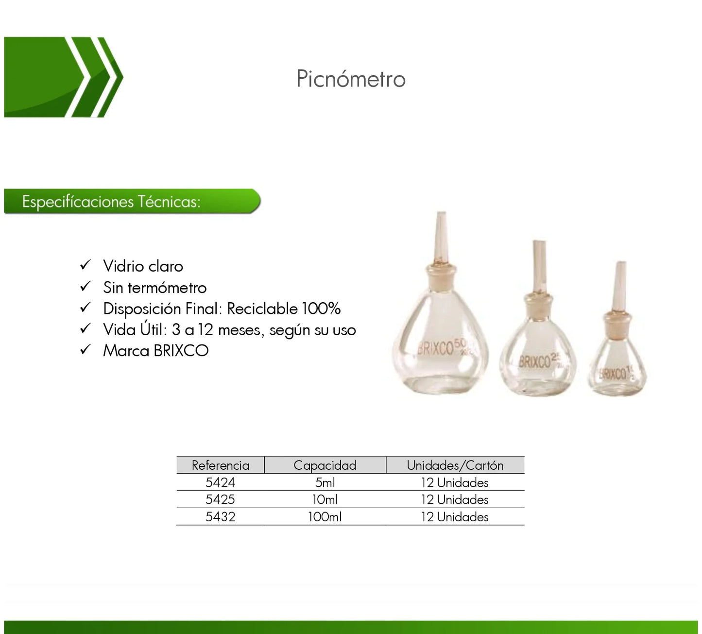 Picnómetro de vidrio sin termómetro para medición precisa de densidad y gravedad específica de líquidos en laboratorio.
