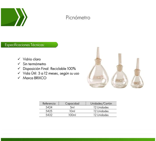 Picnómetro de vidrio sin termómetro para medición precisa de densidad y gravedad específica de líquidos en laboratorio.

