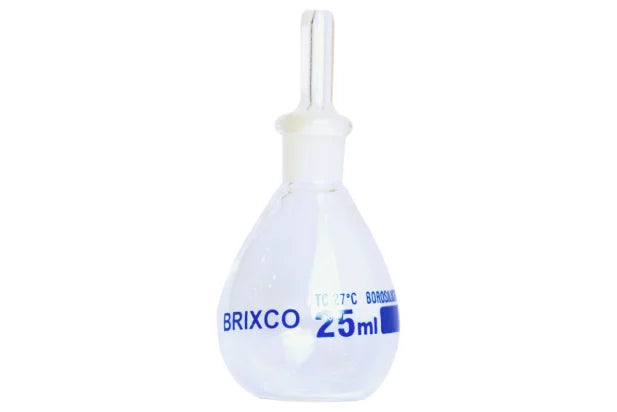 Picnómetro BRIXCO de vidrio borosilicato 3.3 sin termómetro, disponible en 25 ml y 50 ml. Para mediciones precisas de densidad en laboratorios
