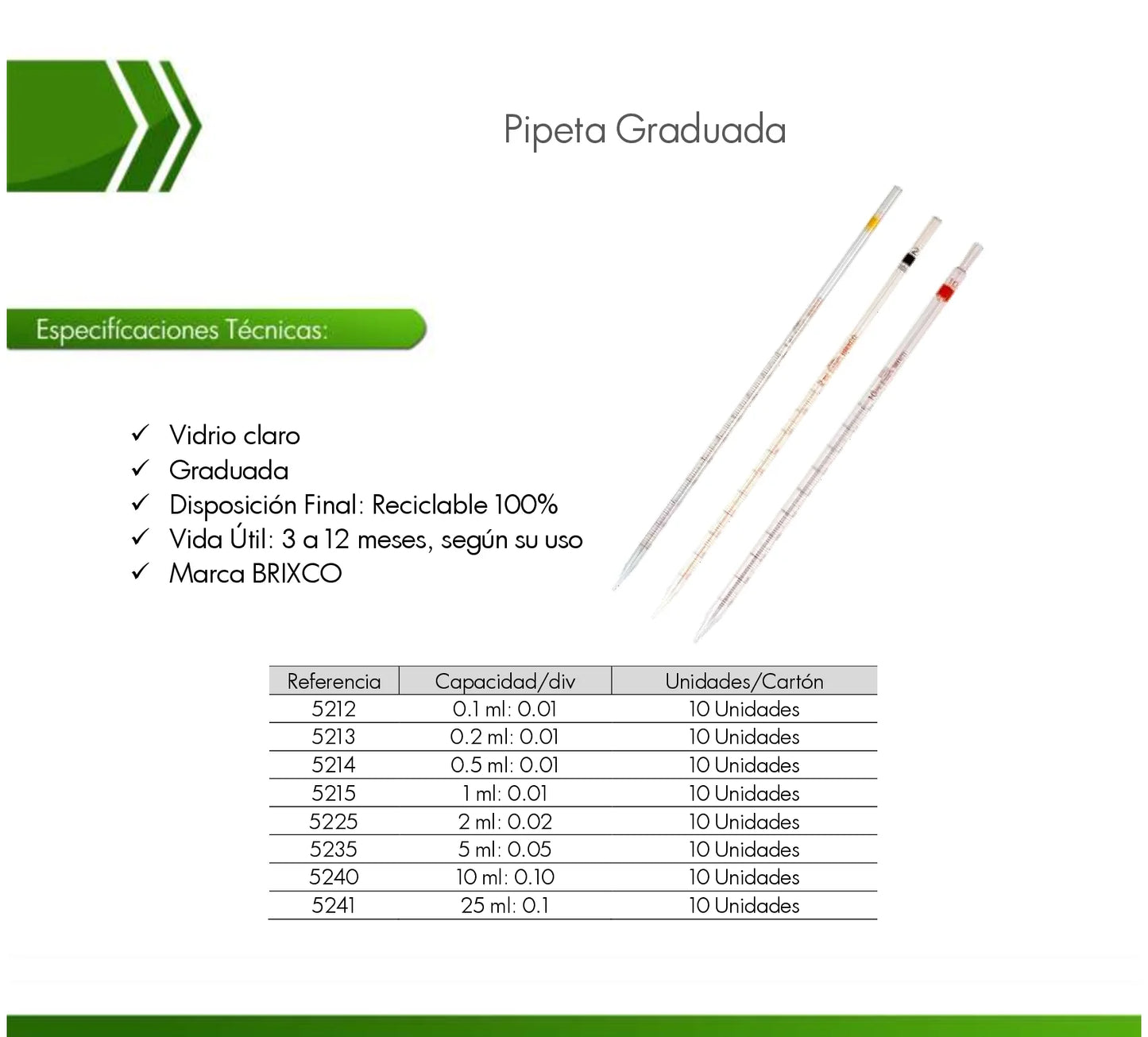 Pipetas graduadas, vidrio transparente. Disponibles en múltiples capacidades