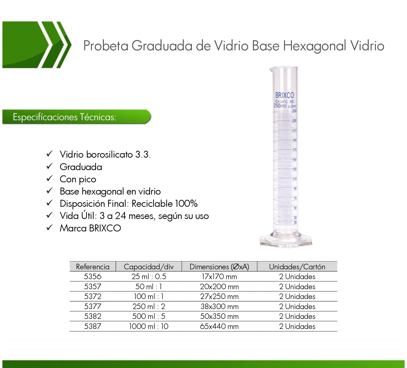 Probeta graduada de vidrio borosilicato 3.3 con base de vidrio para medición precisa de líquidos en laboratorio.
