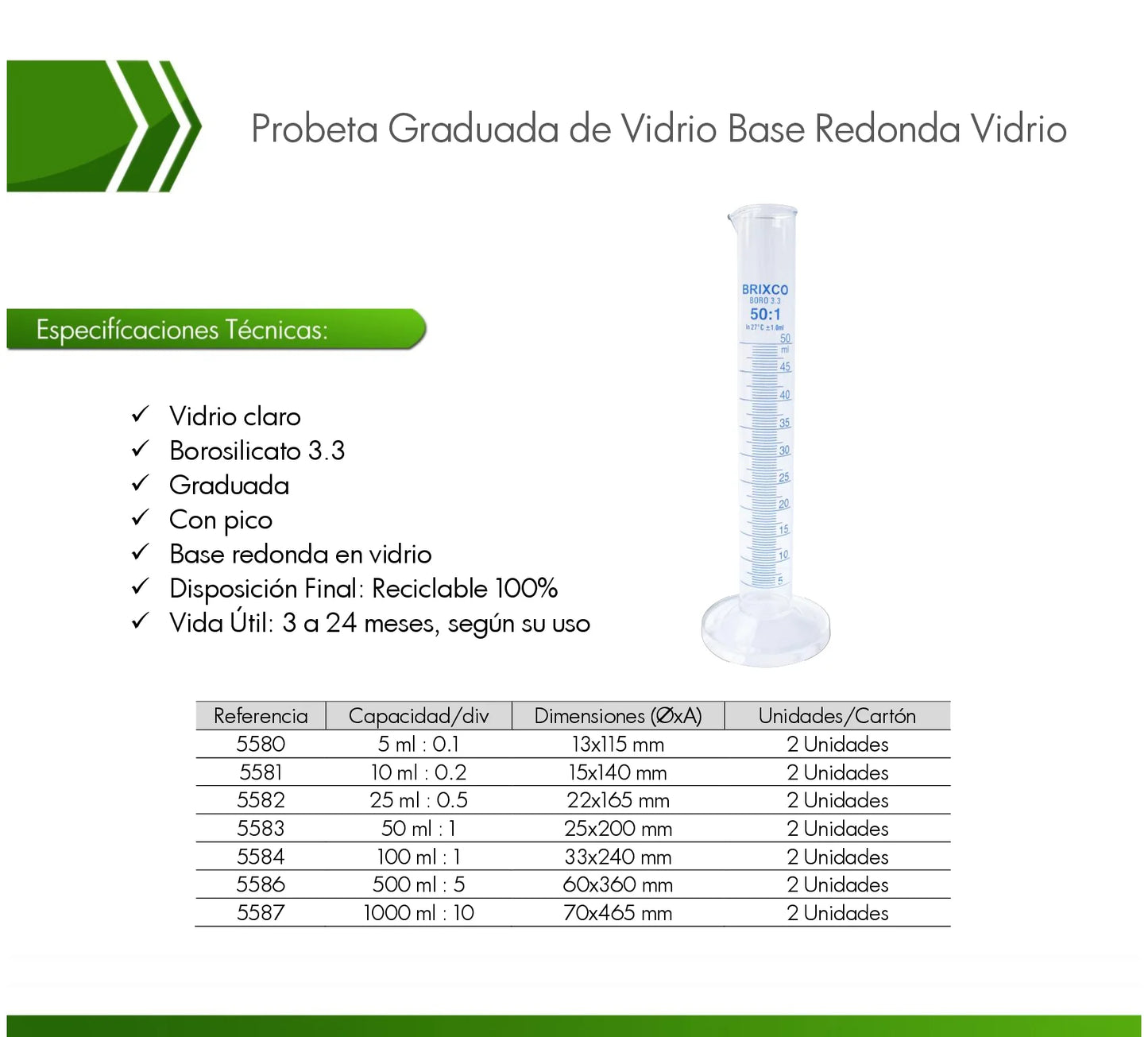Probeta graduada de vidrio borosilicato 3.3 con base de vidrio para medición precisa de líquidos en laboratorio.
