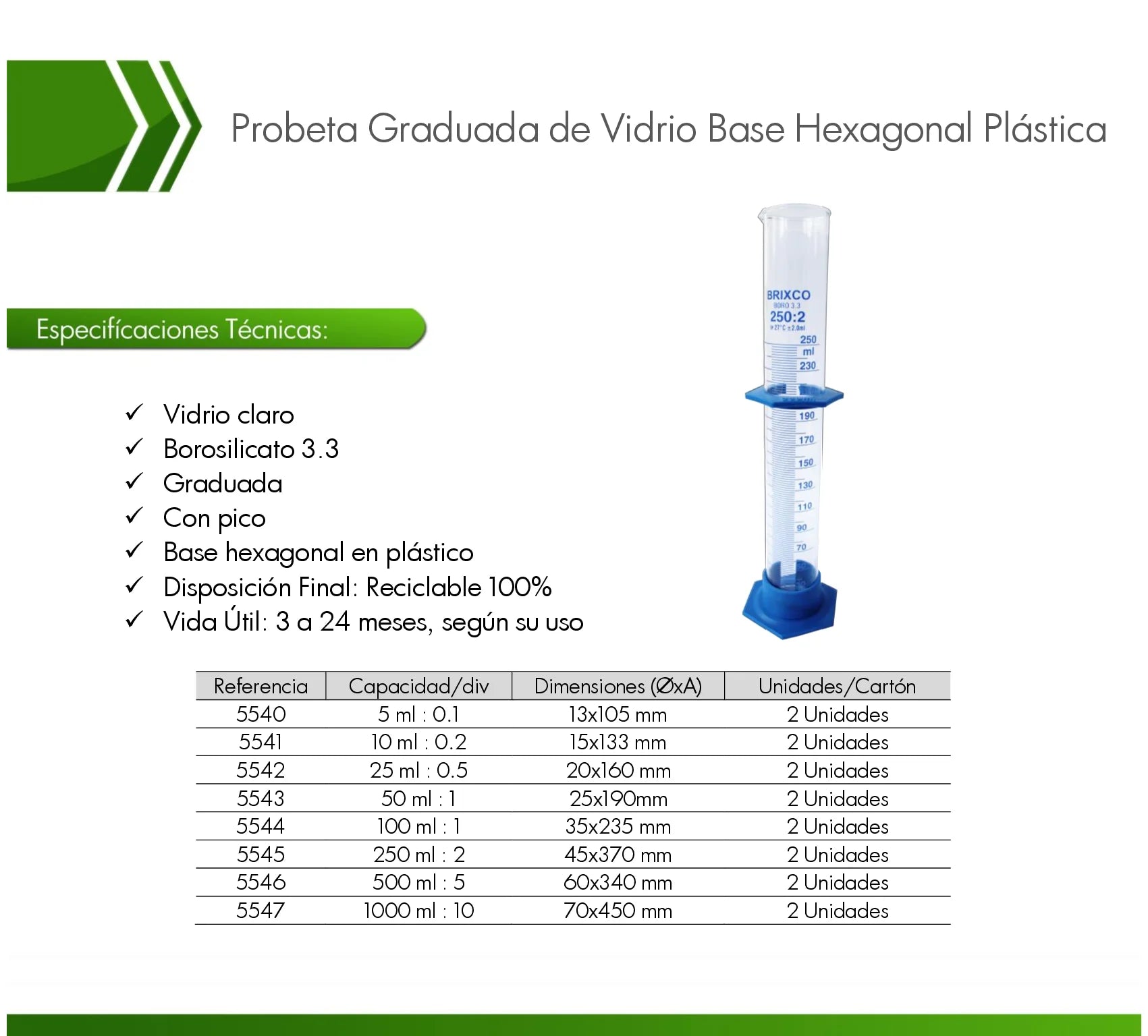 Probeta graduada de alta calidad, vidrio de borosilicato 3.3 pico vertedor y una base hexagonal de plástico 