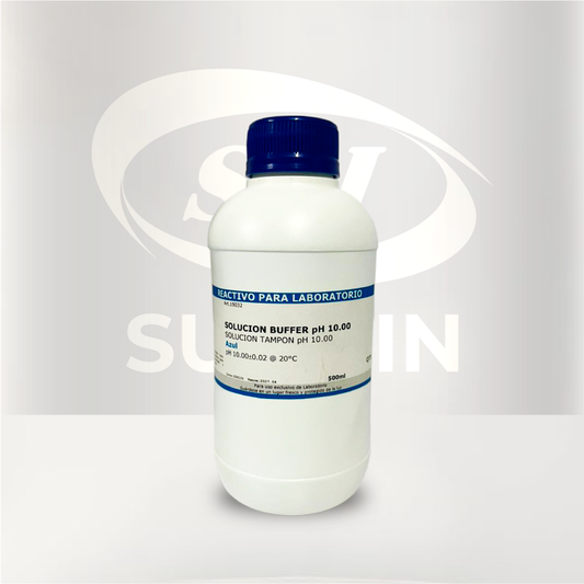 Solución Buffer pH 10 de 500 mL para calibración de pHmetros y equipos de medición de pH en laboratorio.
