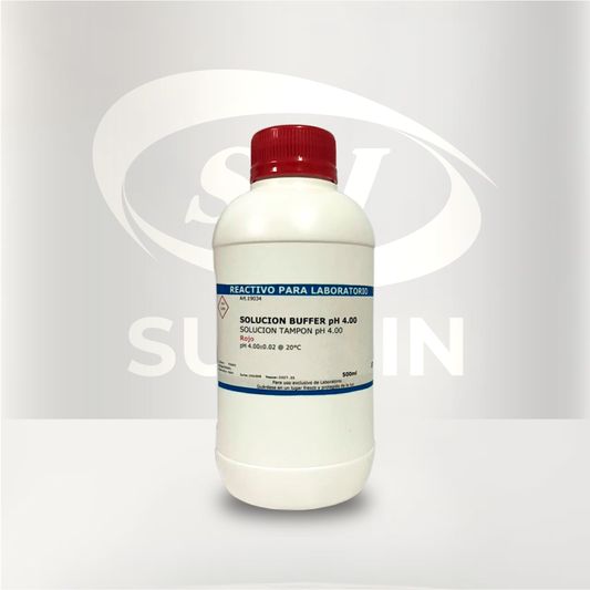 Solución Buffer pH 4 de 500 mL para calibración de pHmetros y equipos de medición de pH en laboratorio.
