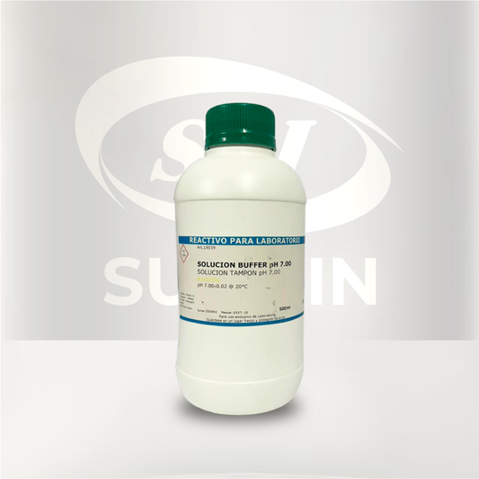 Solución Buffer pH 7 de 500 mL para calibración de pHmetros y equipos de medición de pH en laboratorio.
