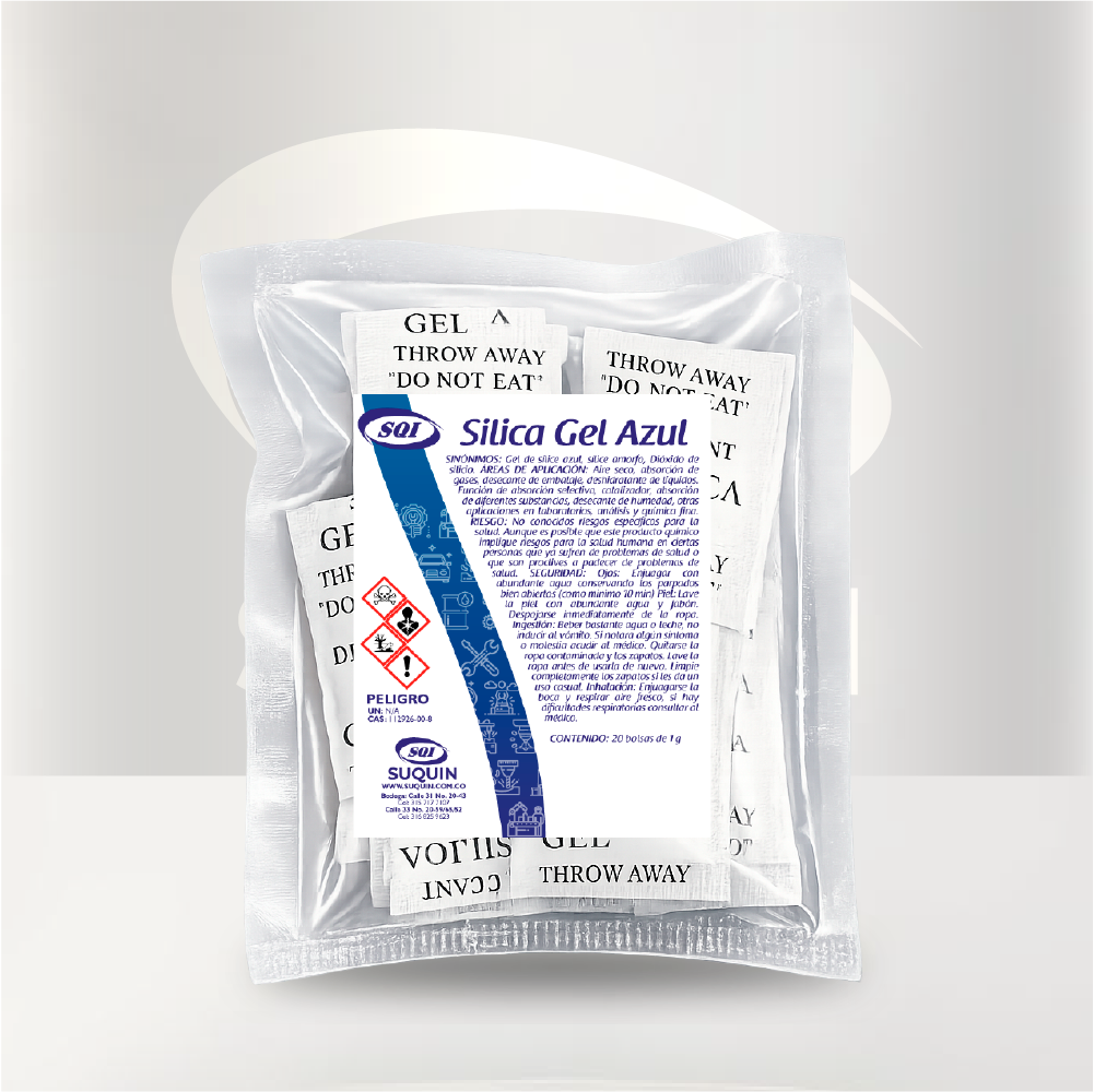 Sílica Gel desecante para absorber humedad y proteger productos durante el almacenamiento y transporte.
