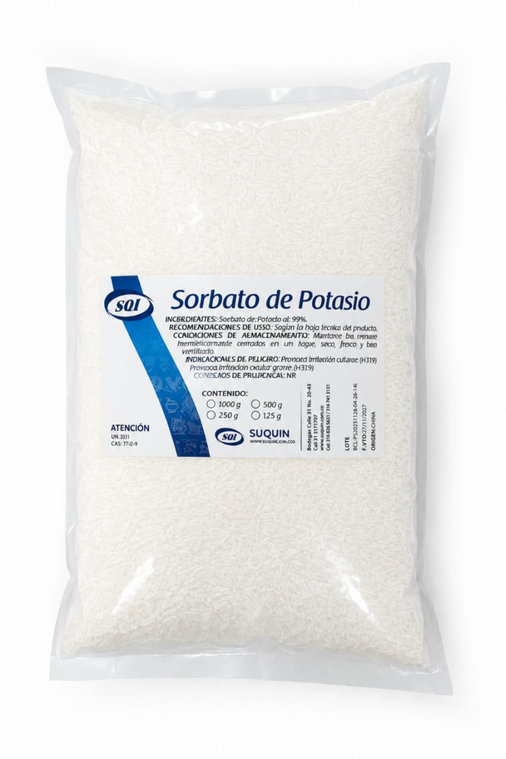 Sorbato de Potasio, conservante alimentario de alta calidad para alimentos, cosméticos y formulaciones farmacéuticas.
